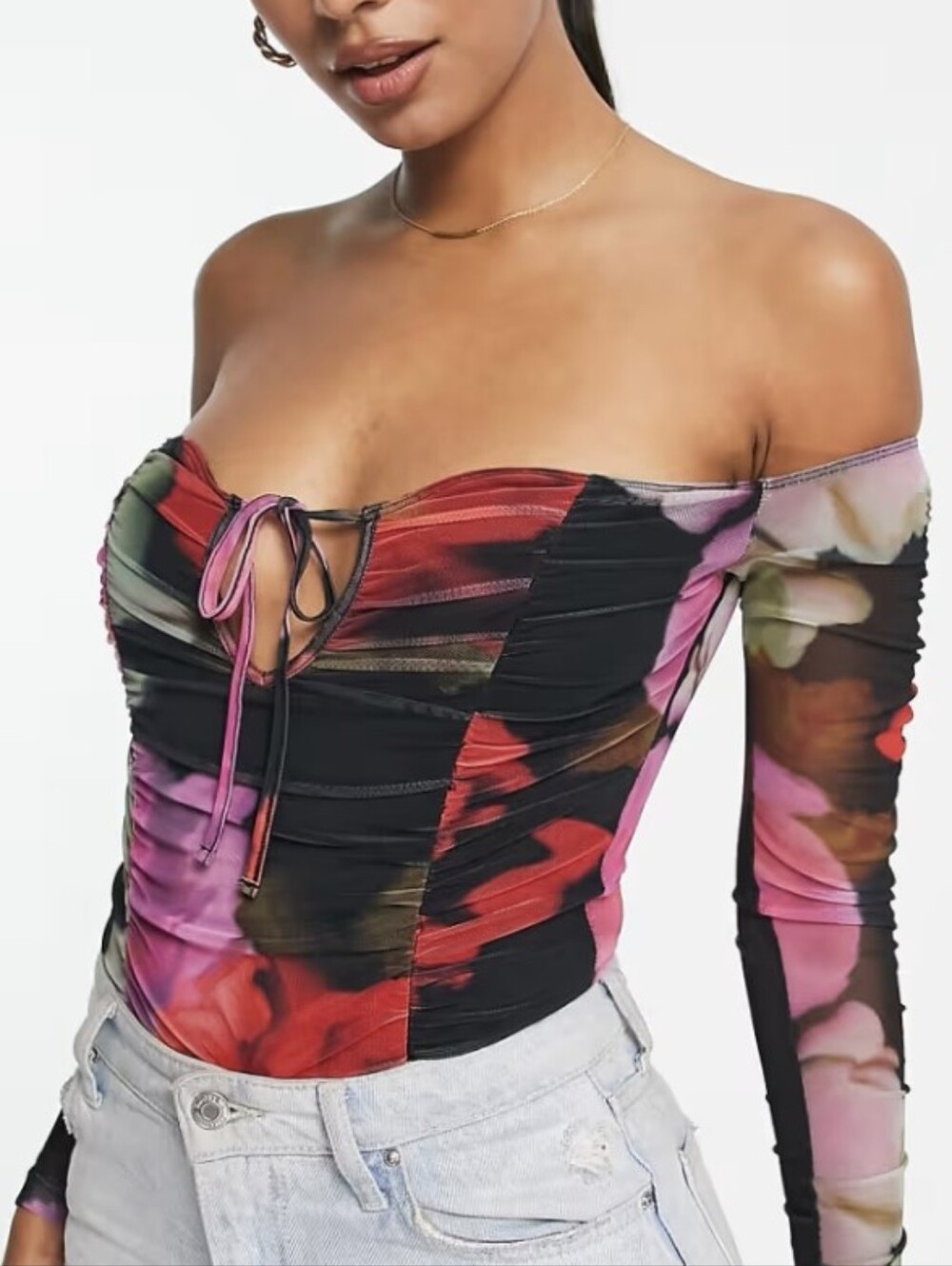 ASOS DESIGN Floral Mesh Bardot Bodysuit Off Shoulder Ruched Long Sleeve Top